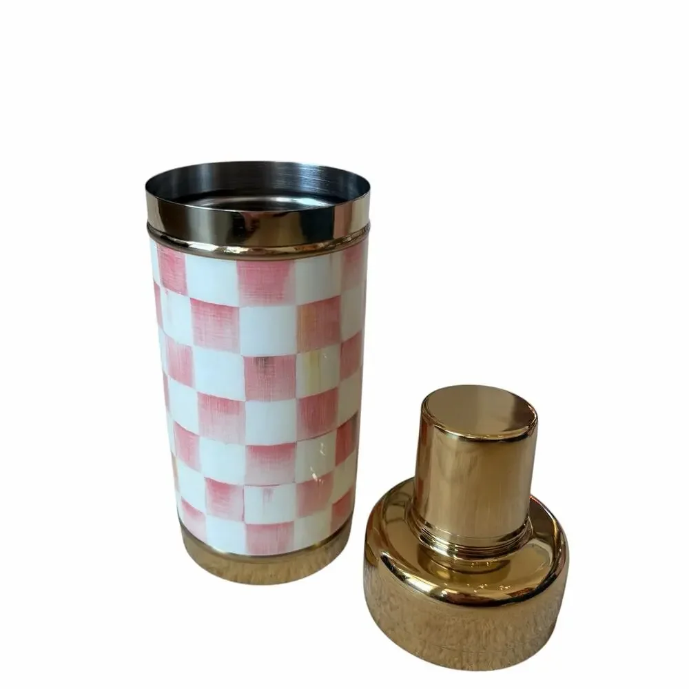 New MacKenzie-Childs Rosy Check 3260 Gold Cocktail Shaker Chic Pink Bareware